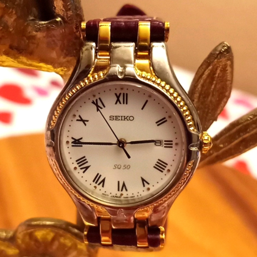 Seiko Stainless Steel Watch w/Brown Leather Strap
